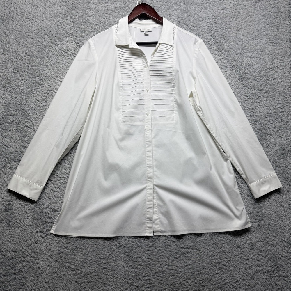 J.Jill White Shirt Collection Tunic Tuxedo Pleated Pintuck Blouse Womens Large